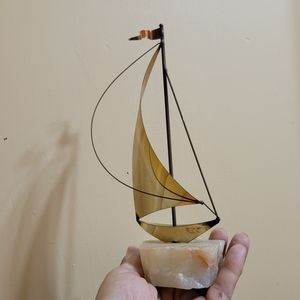 Vintage Mid Century Modern DeMott Signed Brass Sailboat Sculpture Onyx Base